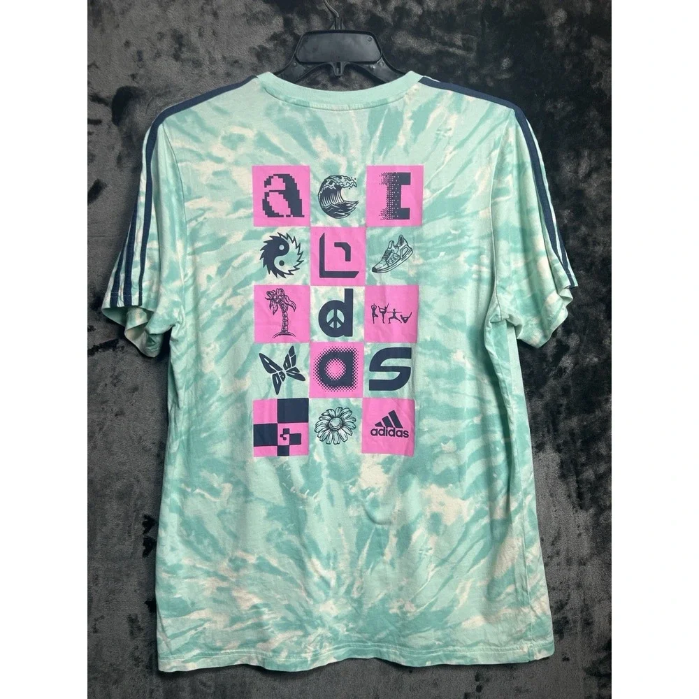Adidas Tie Dye Graphic Tee‎ Large Men's Aqua Pink Y2K Streetwear Festival
